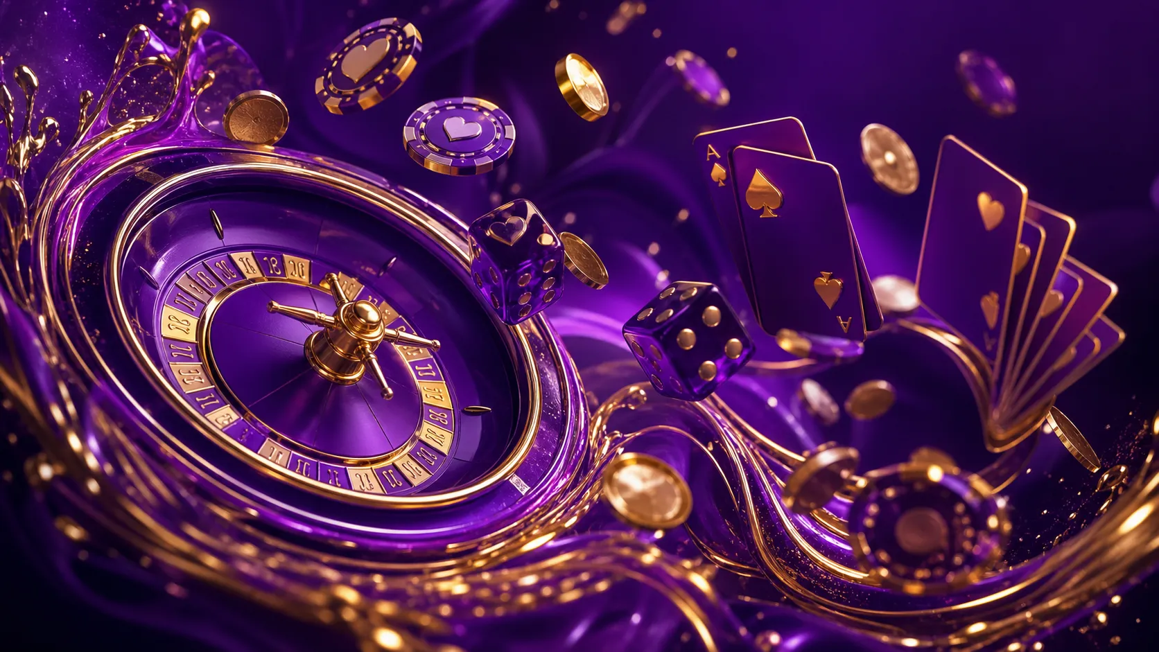 Glossy 3D render of floating poker chips and playing cards in futuristic casino setting, reflecting Spinoo's premium theme an